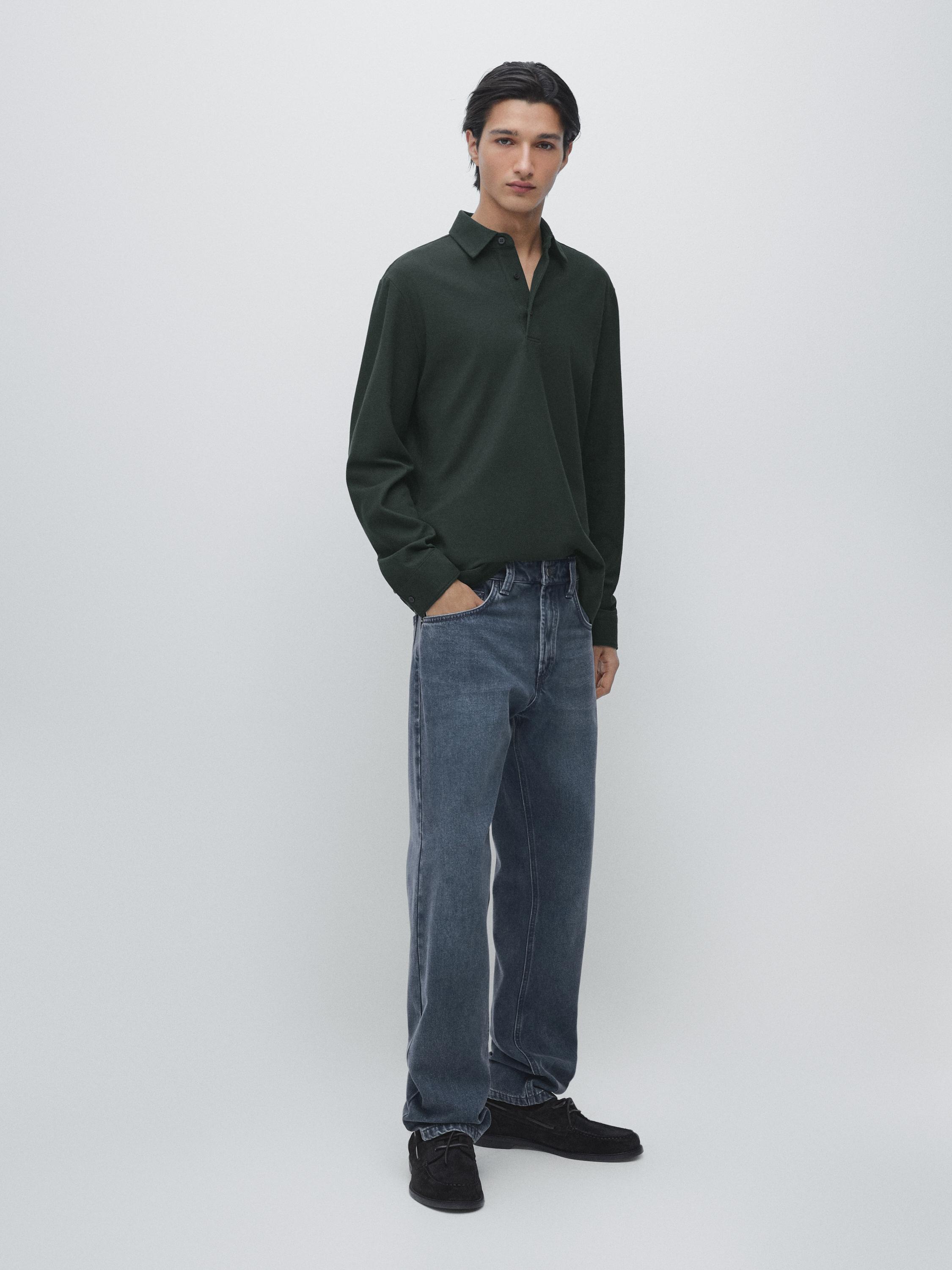 Textured piqué polo shirt with long sleeves